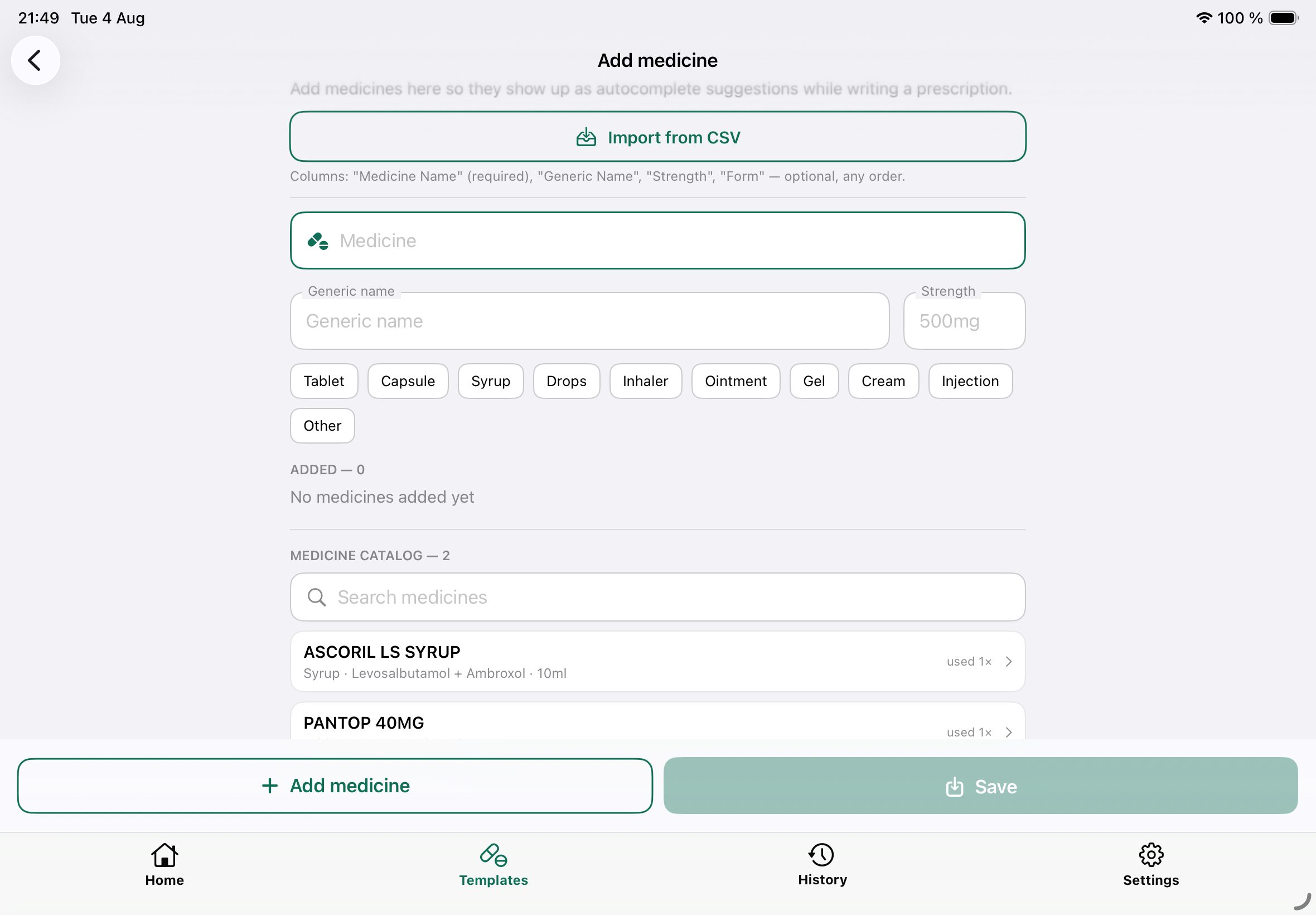 Medicine catalog on iPad for prescription autocomplete