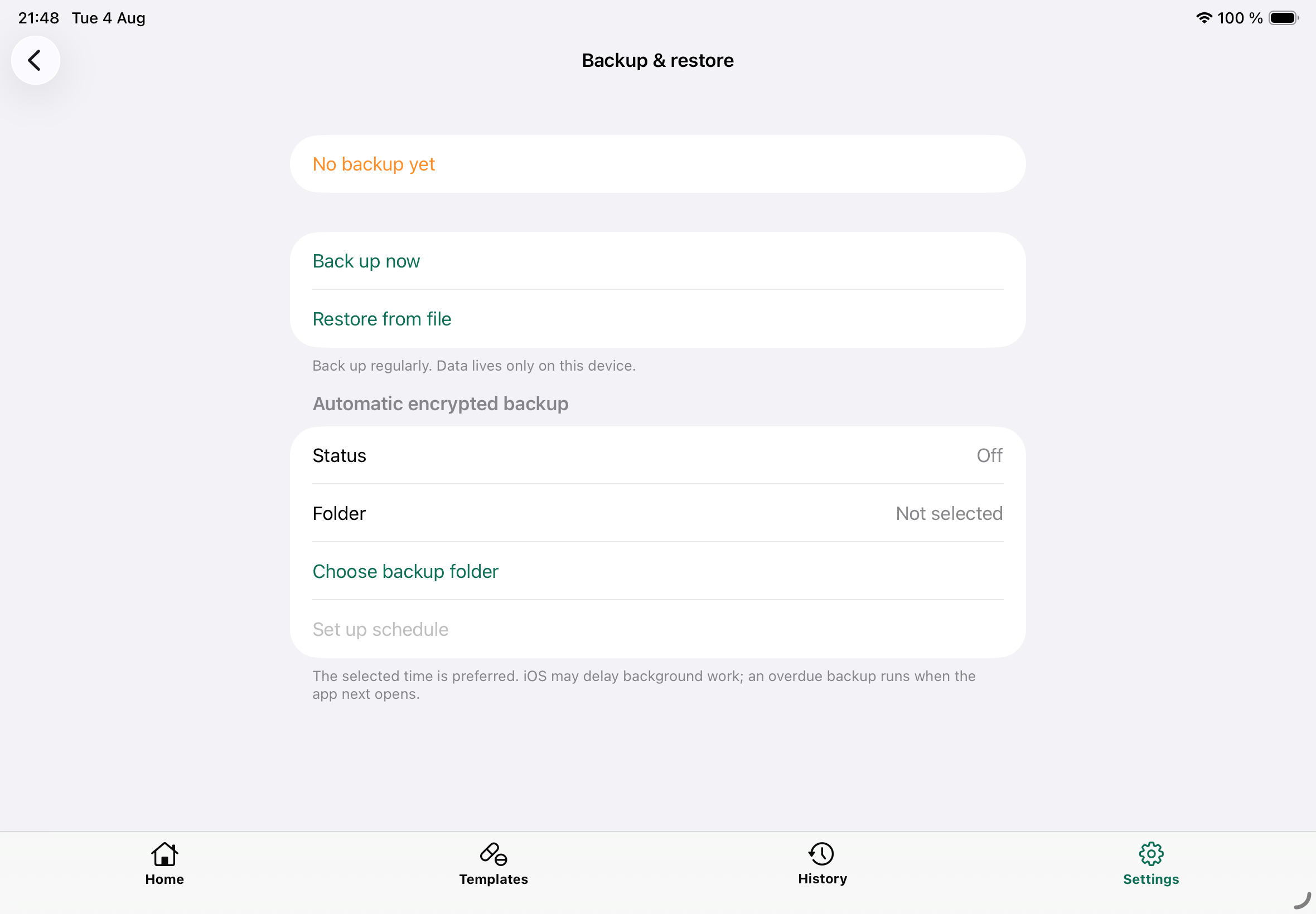 Backup and restore screen on iPad