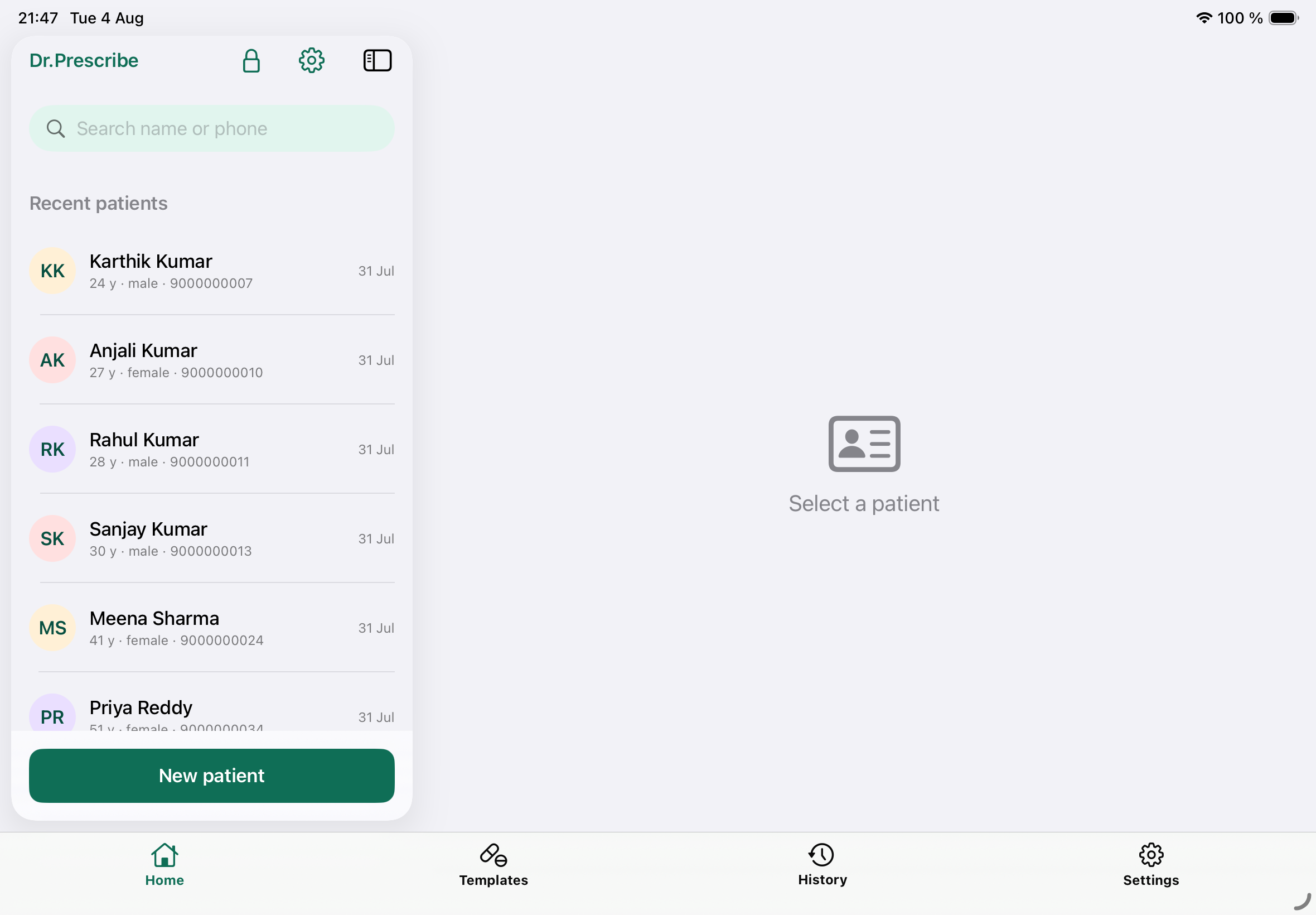 Dr.Prescribe patient list on iPad, split view