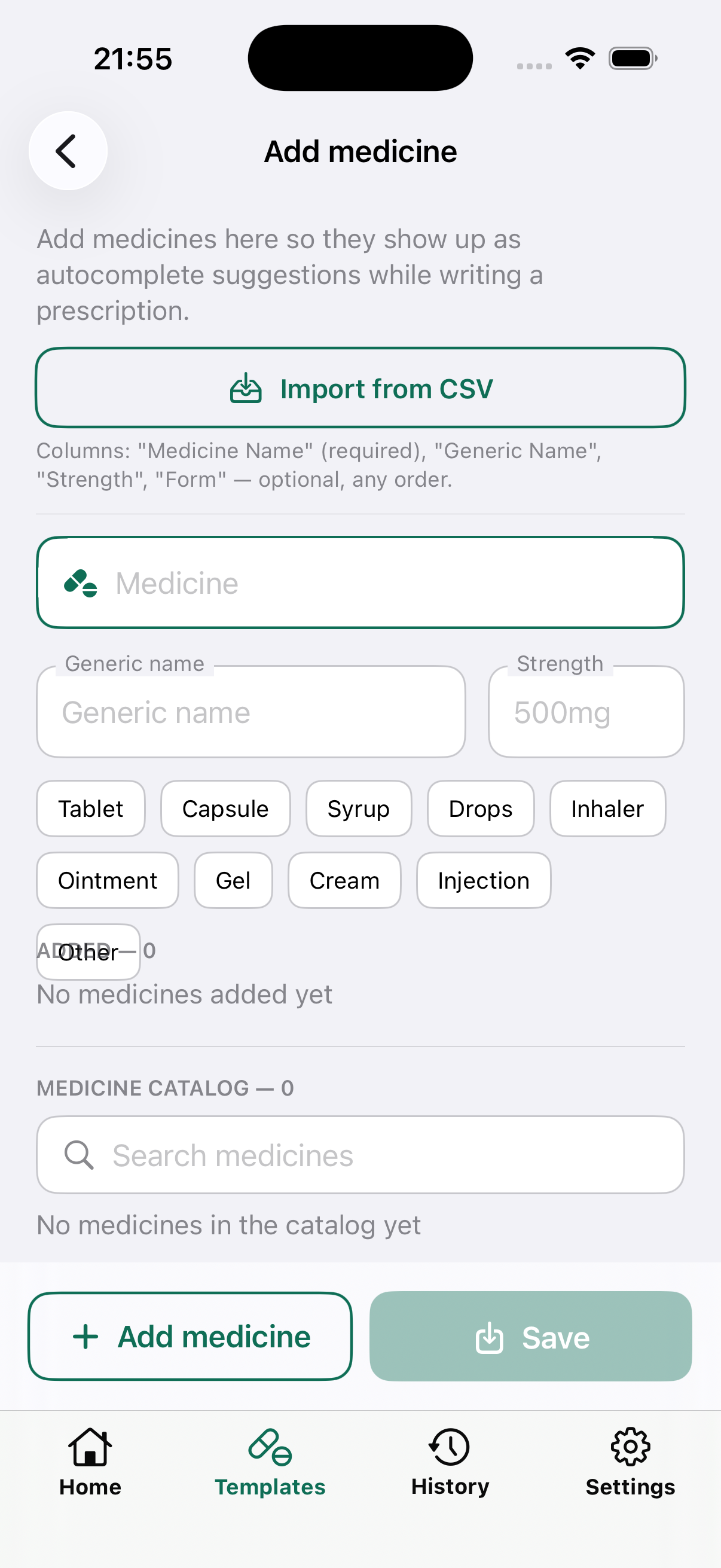Add medicine screen on iPhone for prescription autocomplete