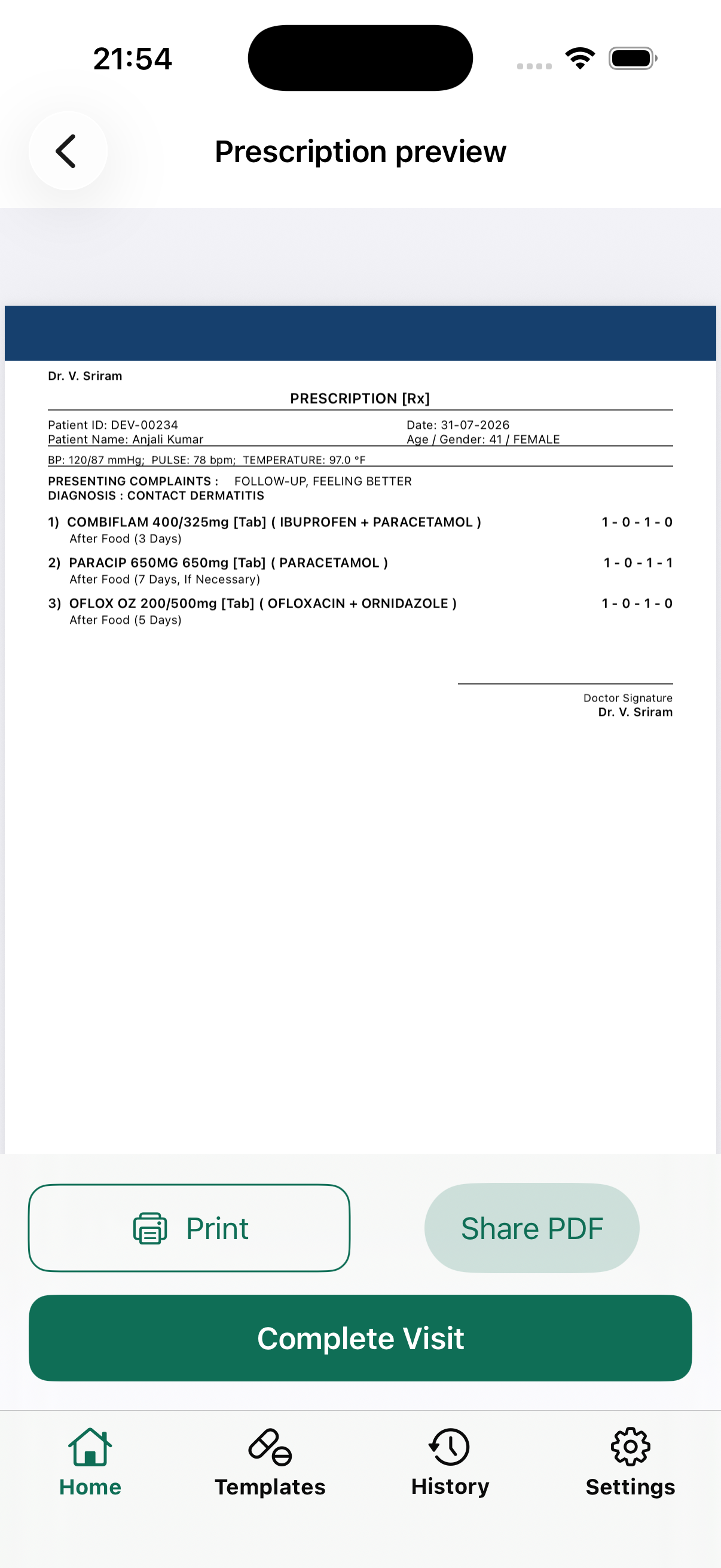 Prescription PDF preview on iPhone with print and share