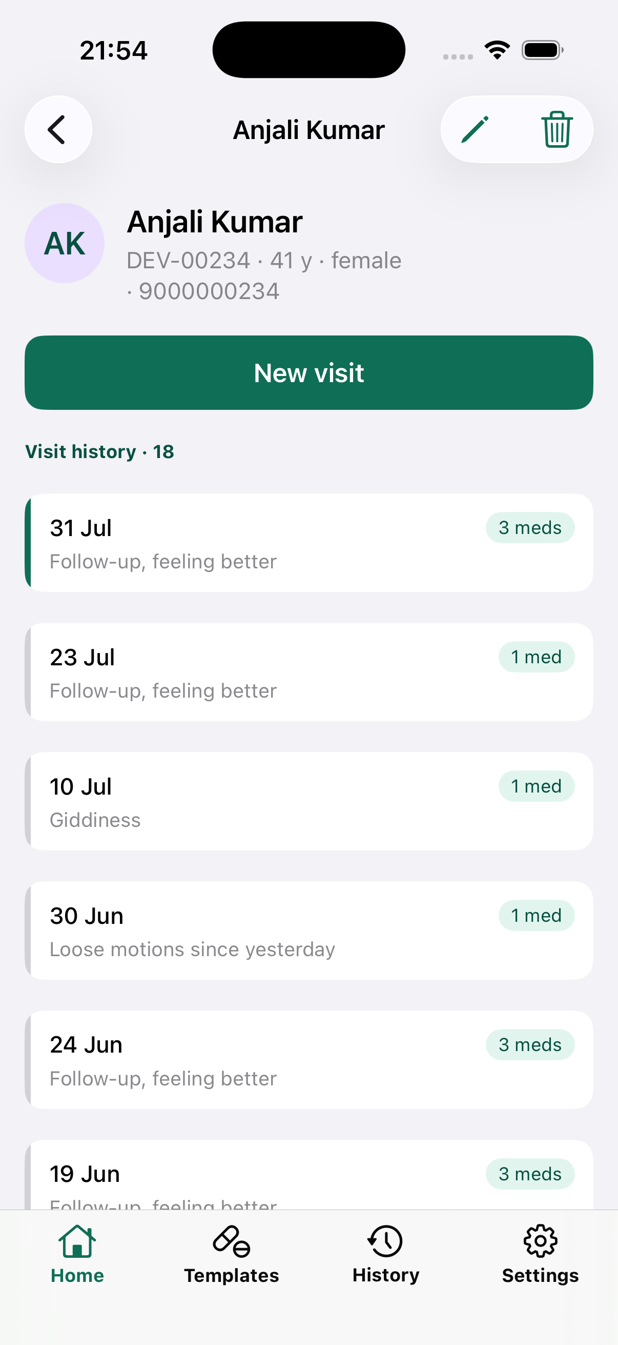 Patient detail on iPhone showing full visit history