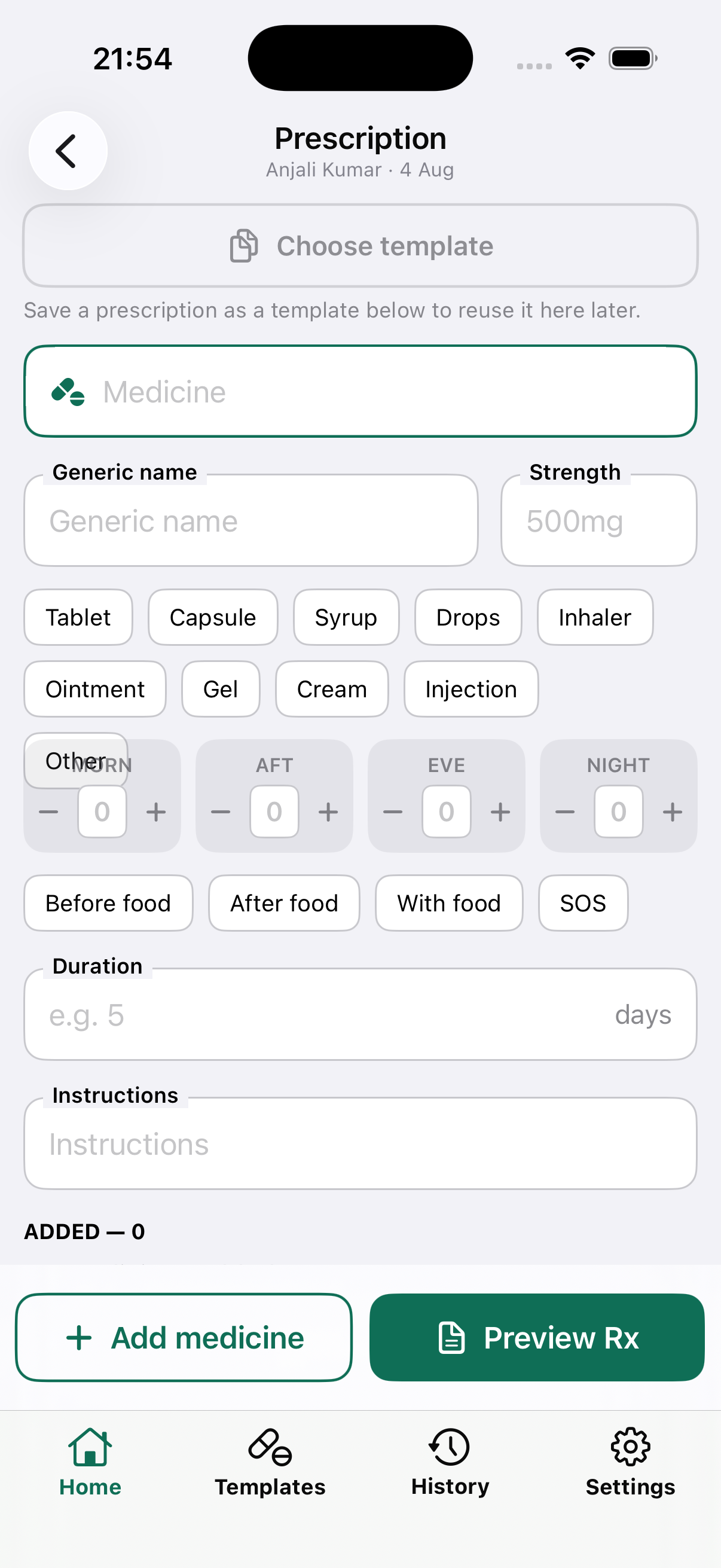 Prescription builder on iPhone with Indian M-A-E-N dosing